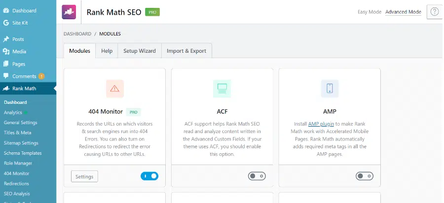 RankMath dashboard 