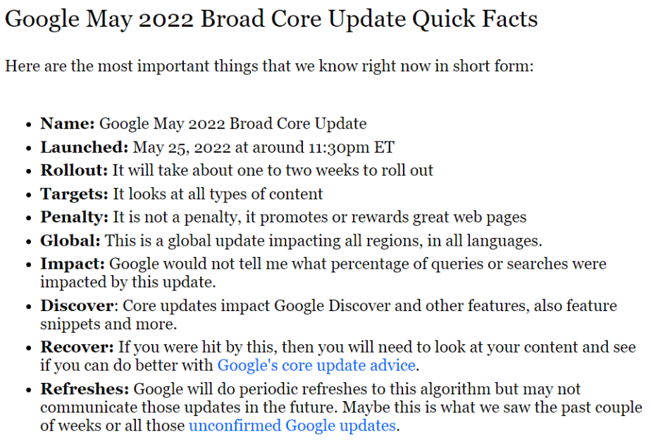 Google May 2022 Broad Core Update Quick Fast